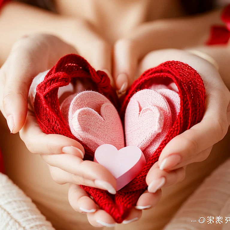 Heart-shaped present、Valentine、Warm atmosphere、bright background、close up of hand only、The gift has a ribbon attached.、Do not photograph the body