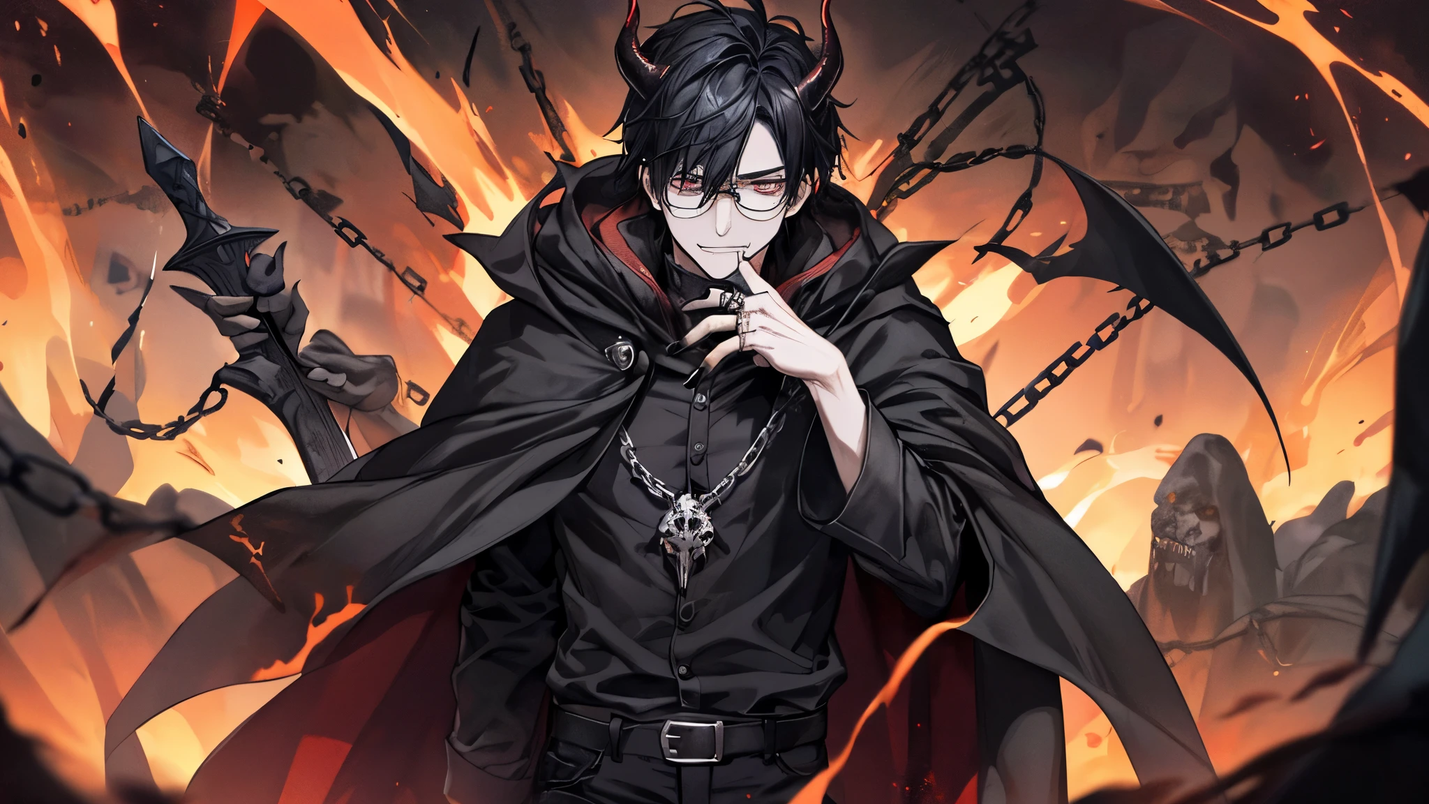 1 guy, black jeans, in a black cloak, press, Thin, pale, rings on fingers, black nails, Glasses, black hair, sporty, Glass eyes, cinematic lighting, Blur background, Best quality, Brown eyes, Laugh, In Hell, Darkness, People are on fire, Dead, chains, Blood, lava, skulls, Darkness, horns, devil, daemon, horror, anger, screams, axe,