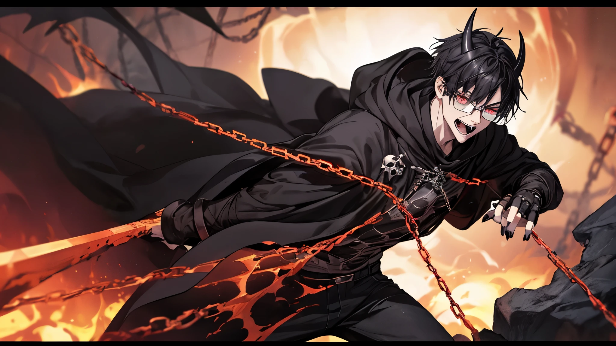 1 guy, black jeans, in a black cloak, press, Thin, pale, rings on fingers, black nails, Glasses, black hair, sporty, Glass eyes, cinematic lighting, Blur background, Best quality, Brown eyes, Laugh, In Hell, Darkness, People are on fire, Dead, chains, Blood, lava, skulls, Darkness, horns, devil, daemon, horror, anger, screams, axe,