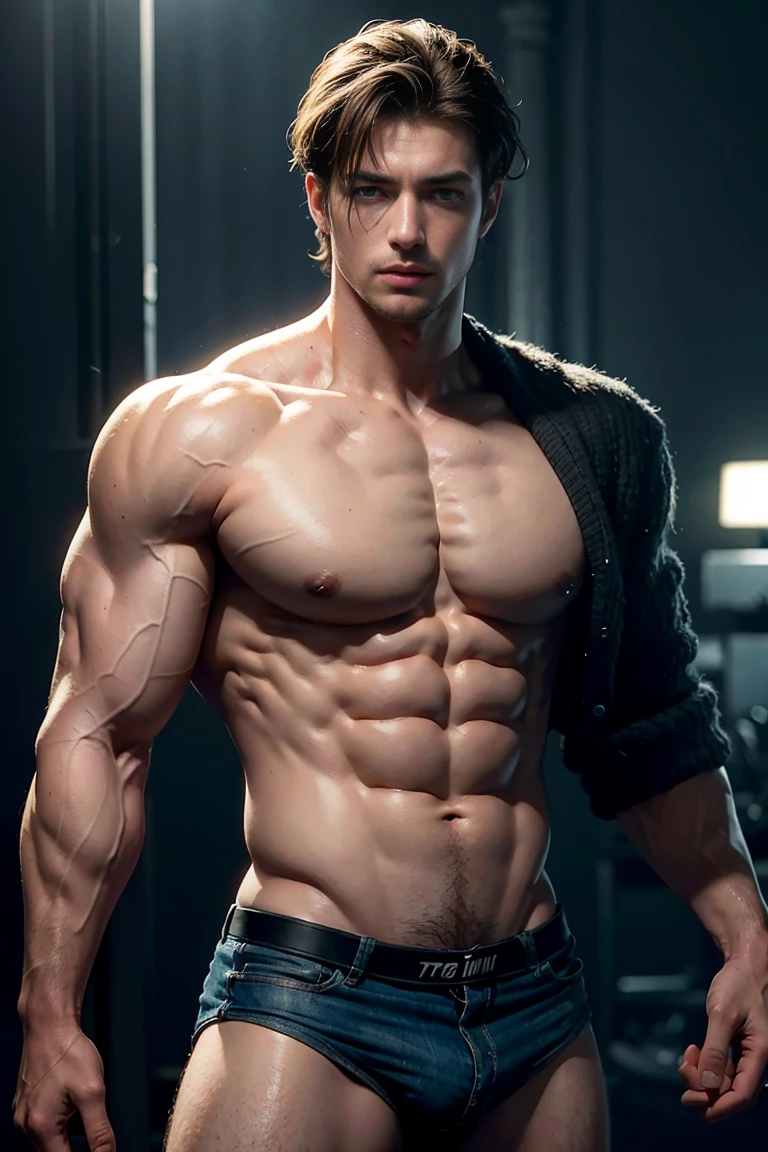 Muscular dude,8K Ultra HD resolution,short hair,buzz clip,The chest muscles are full,abdominal muscles,rough real skin,naked,Sexy and charming expression,blue eyes,Gloomy eyes
