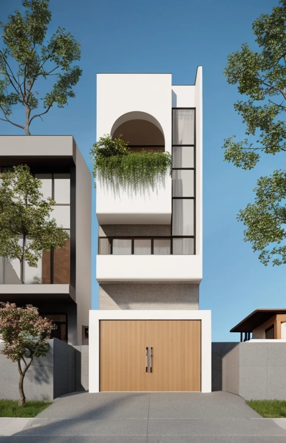 Realistic images, extremely detailed, a modern full white house, steel railling, 4 panel steel gate,1 road in font of house, large yard made by ceramic, (1 car), brick fence, lawn, a few small flowers, a road in front of the house, main materials of the house are white walls and red brick, Modern design, clear blue sky, sunrise light, light from inside, dynamic light,shimering light, cinematic light, romantic feeling, (((day light, warm light)))