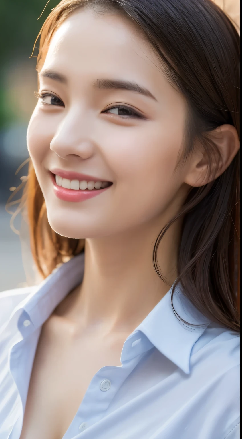 ((highest quality, 8K, masterpiece: 1.3)), sharp focus: 1.2, beautiful woman with perfect figure: 1.4, slim abs: 1.2, (layered hairstyles,: 1.2)), (Wet white buttoned long shirt: 1.3), rain: 1.3, street: 1.2, wet body: 1.1, Highly detailed face and skin texture, fine eyes, double eyelid, big breasts, smile,