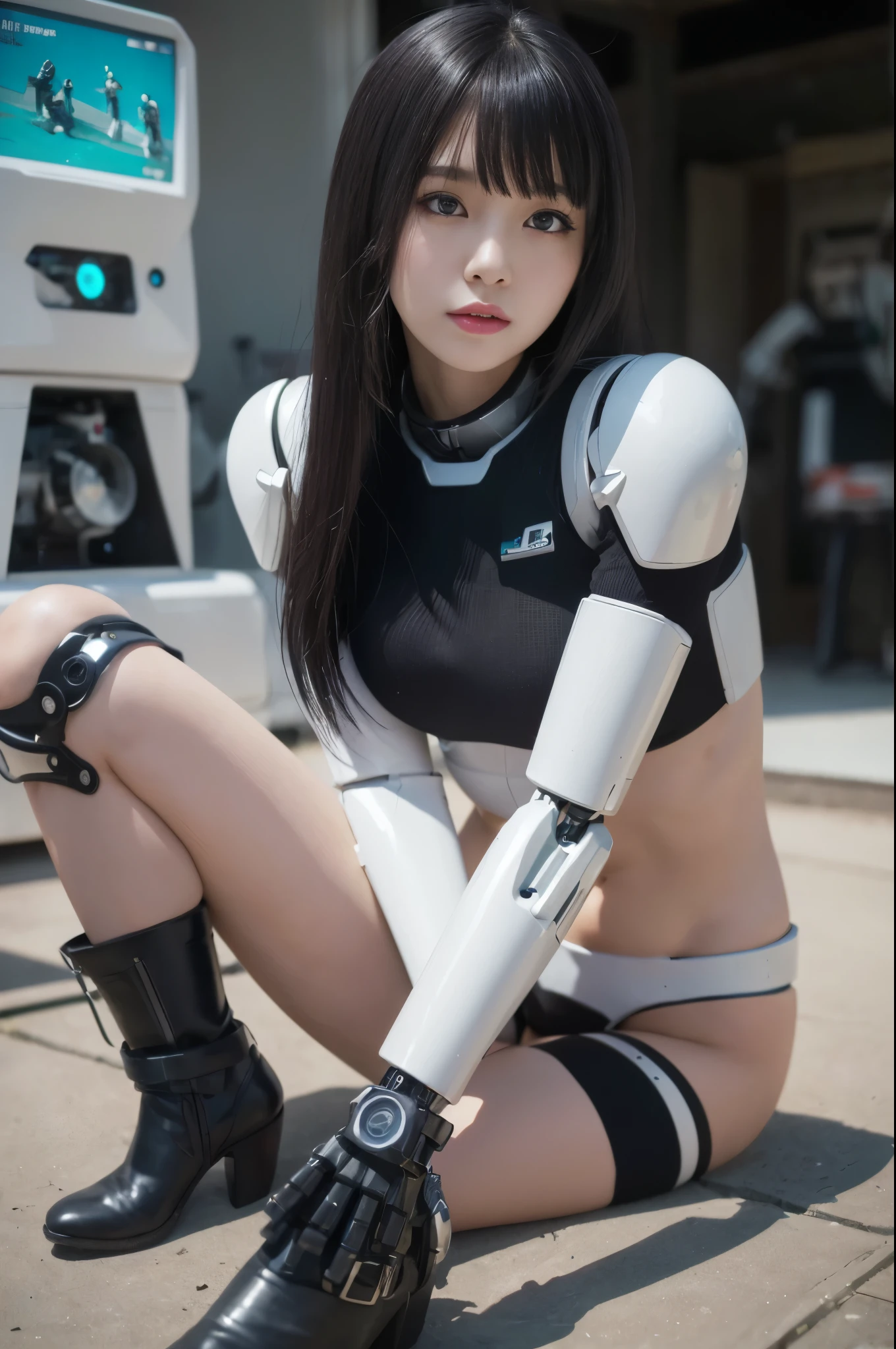 masterpiece, best quality, extremely detailed, (8K, 4K, Best Quality, hight resolution, 超A high resolution:1.1), (masutepiece, Realistic, Photorealsitic:1.1)Japanese android woman,Plump , announcer,control panels,activate,android,droid,Mechanical Hand,Robot arms and legs, Black Robot Parts,black hair,darkblack knee high socks,black sponge joints,blunt bangs,white robot body,ceramic body,jockey boots,perfect cyborg girl,,