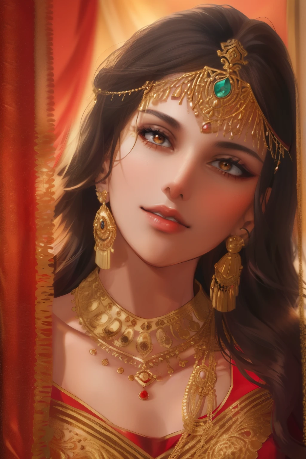 a close up of a woman in a red and gold costume, Traditional beauty, detailed beauty portrait, Portrait shooting, arabian beauty, Indian, stunning portrait, Beautiful portrait, very beautiful portrait, Rendu portrait 8k, photo of a beautiful woman, Middle Eastern skin, high quality portrait, indian empress, traditional makeup, Portrait photo of a beautiful, detailed beautiful portrait, indian style