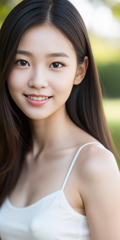Neat college girl, petite person, (long white silk camisole, white panties), outside the athletic field, (slim, small, flat, small), photorealistic, detail, skin texture, ultra detail, delicate sexy collarbone, smile, super detailed face, detailed lips, detailed eyes, double eyelids, 10 year old girl