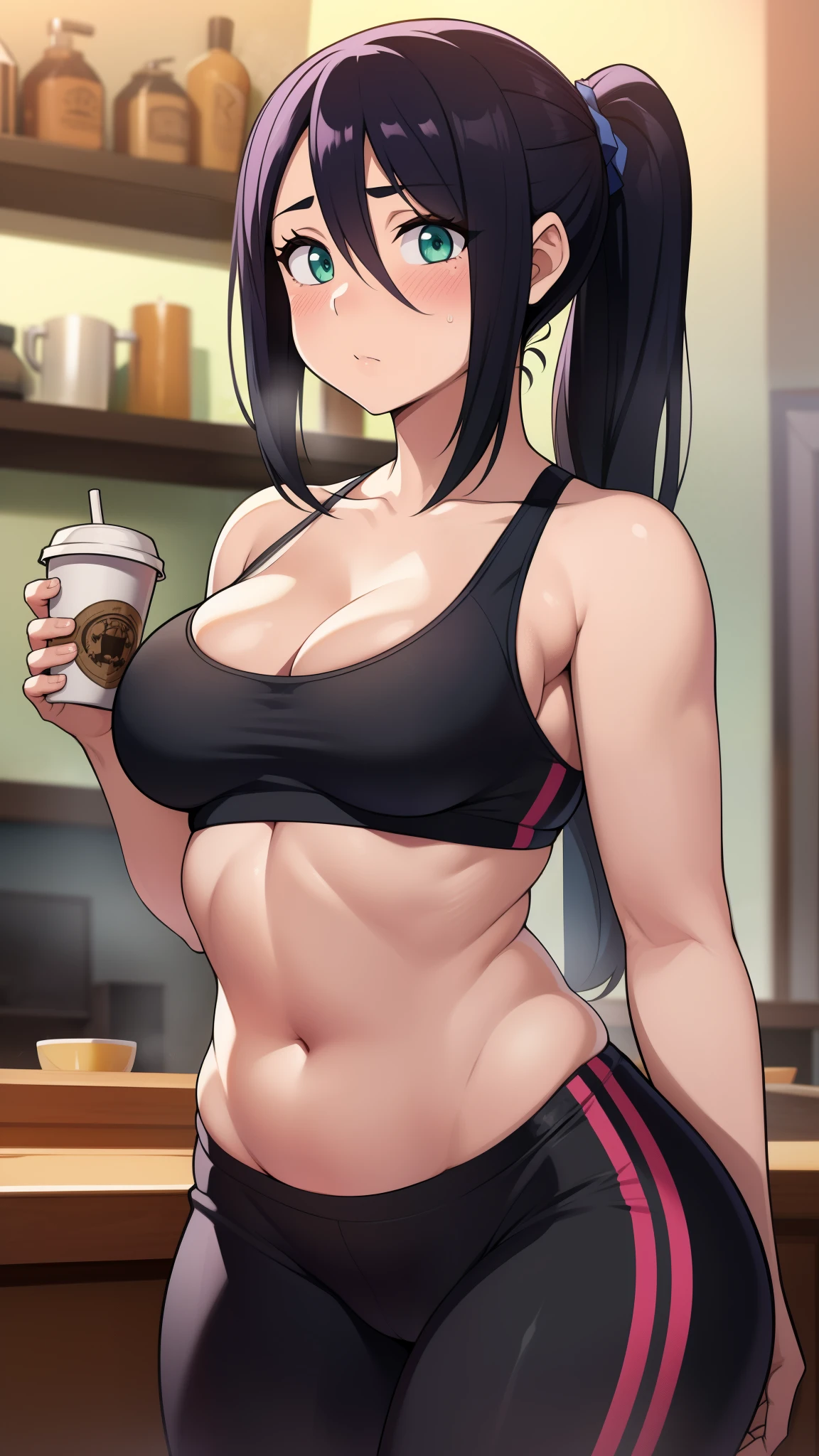 ((high res)), (Masterpiece), perfect anatomy, perfect shading, field of depth, (best quality), extremely delicate and beautiful, perfect lighting, detailed face, ultra cute face, cute, (cowboy shot 1.2), looking at viewer, full body, ((1girl)), ((solo)),
long hair, pony tail, black hair, green eyes, hair over one eye, ((blush)), nervous, shy, (sports bra 1.2), (yoga pants1.2), extremely tight clothes, medium breasts, cleavage, perky breasts, (wide hips), thick thighs,
coffee shop, intricate background, detailed background, standing,