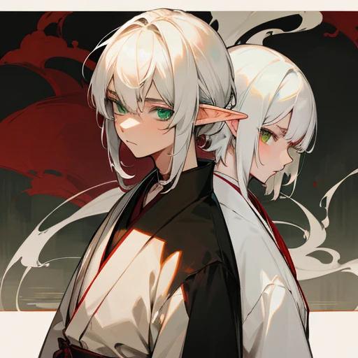 White haired male elf with green eye on the right and red left eye while wearing Japanese tradional clothes and has heterochromia