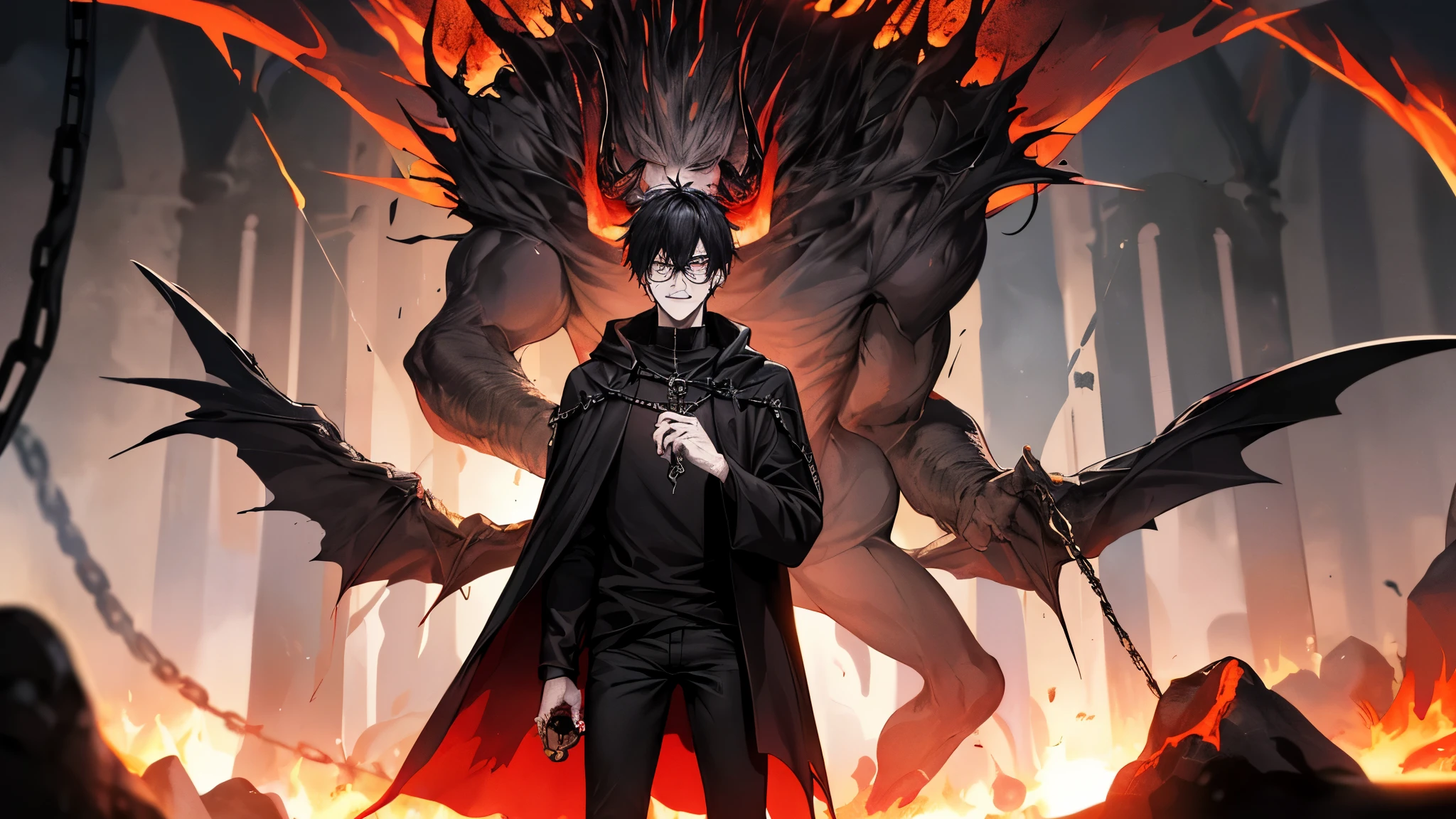 1 guy, black jeans, in a black cloak, press, Thin, pale, rings on fingers, black nails, Glasses, black hair, sporty, Glass eyes, cinematic lighting, Blur background, Best quality, Brown eyes, Laugh, In Hell, Darkness, People are on fire, Dead, chains, Blood, lava, skulls, Darkness, horns, devil, daemon, horror, anger, screams, axe, standing at the gates of hell,