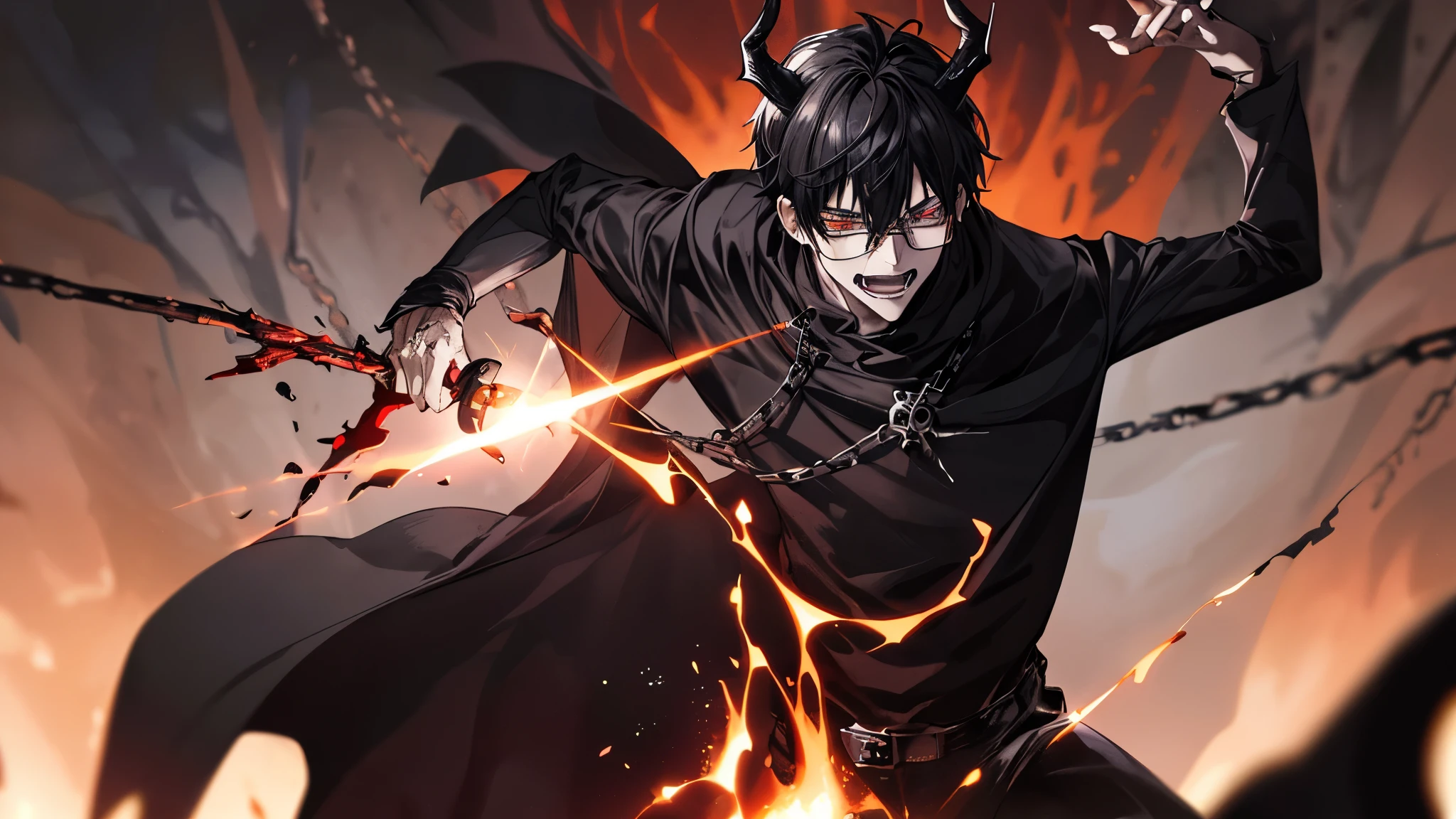 1 guy, black jeans, in a black cloak, press, Thin, pale, rings on fingers, black nails, Glasses, black hair, sporty, Glass eyes, cinematic lighting, Blur background, Best quality, Brown eyes, Laugh, In Hell, Darkness, People are on fire, Dead, chains, Blood, lava, skulls, Darkness, horns, devil, daemon, horror, anger, screams, axe, standing at the gates of hell,