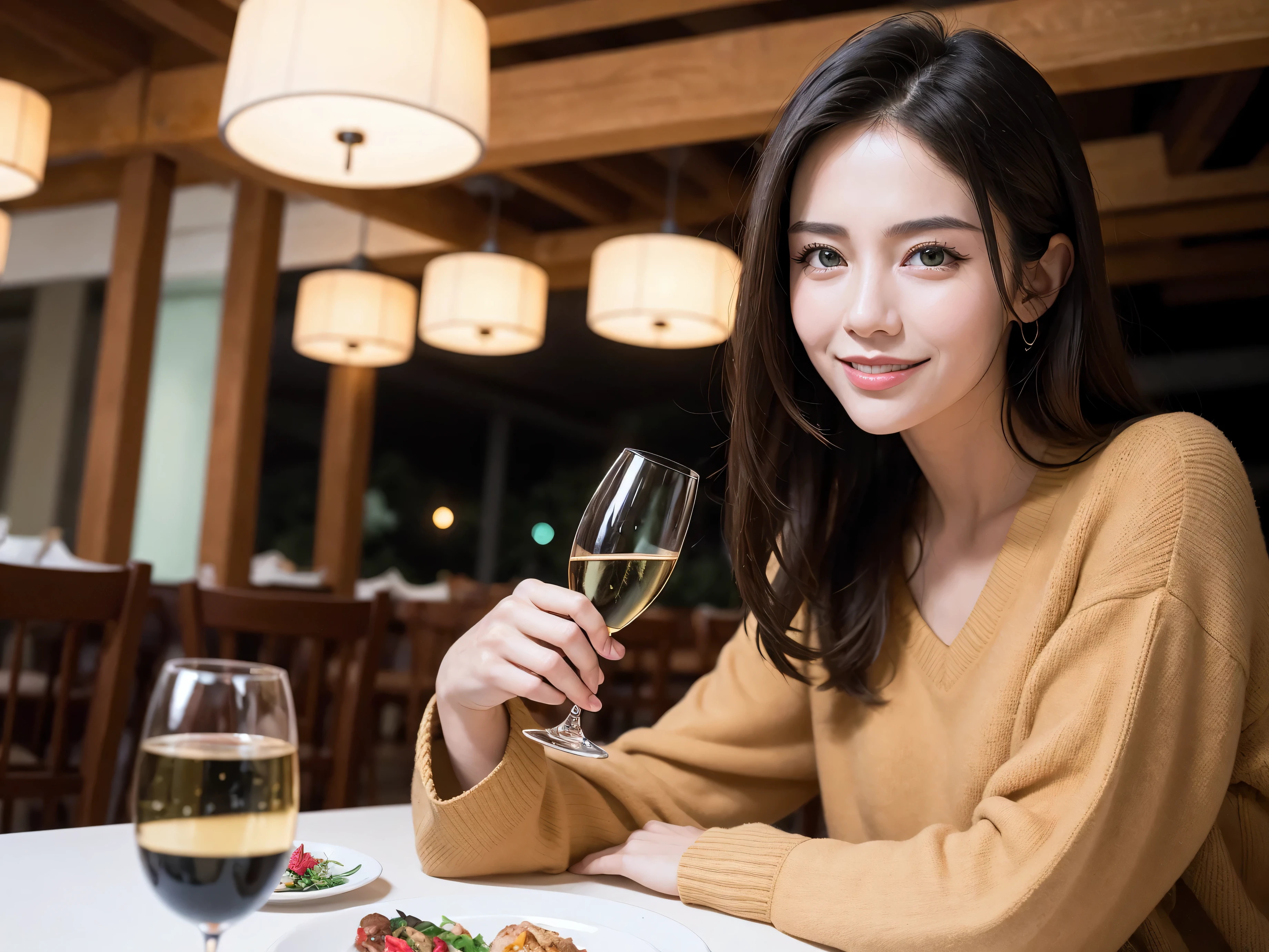 (including 64k, nffsw, highest quality, table top: 1.2), (realistic, photorealistic: 1.37), Beauty for 3 persons、long sleeve shirt、winter fashion、Colombia、Brazilian、Japanese、Dutch、German、Portuguese、Belgian、Italian、french,champagne、Sparkling wine、 (slimフェイス), (slimボティ), (brown hair), (shortcut), Neat beauty、cheeks blush a little, (35 years old), 38 years old, alone, 窓の外には美しく緻密なnight景が広がります., restaurant, wine glassが座っている, nightに, in a prominent place (from the Upper body) nova frog style, actress, model, Upper body, White wine, slim, wine glass, Super Clean night View, wine glass Put in the Middle, Happy smile, (smile: 1.15), beautiful and detailed eyes, Upper body, bust japan up, night, short, short, actress, model, Upper body, White wine, slim, wine glass, Super Clean night View, wine glass Put in the Middle, Happy smile,