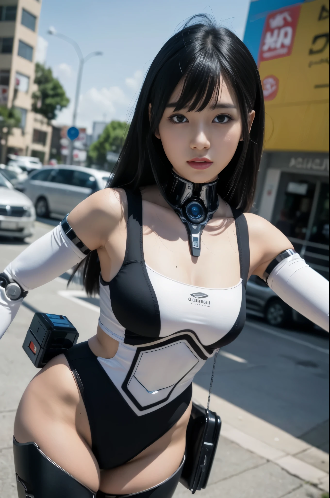 masterpiece, highest quality, very detailed, (8K, 4K, highest quality, High resolution, Super high resolution:1.1), (table top, realistic, Photoreal:1.1)Japanese android woman,Plump , announcer,Control panel,activate,android,droid,mechanical hand,robot arms and legs, black robot parts,black hair,Dark black knee-high socks,black sponge joint,dull bangs,White robot body,ceramic body,jockey boots,perfect cyborg girl,,