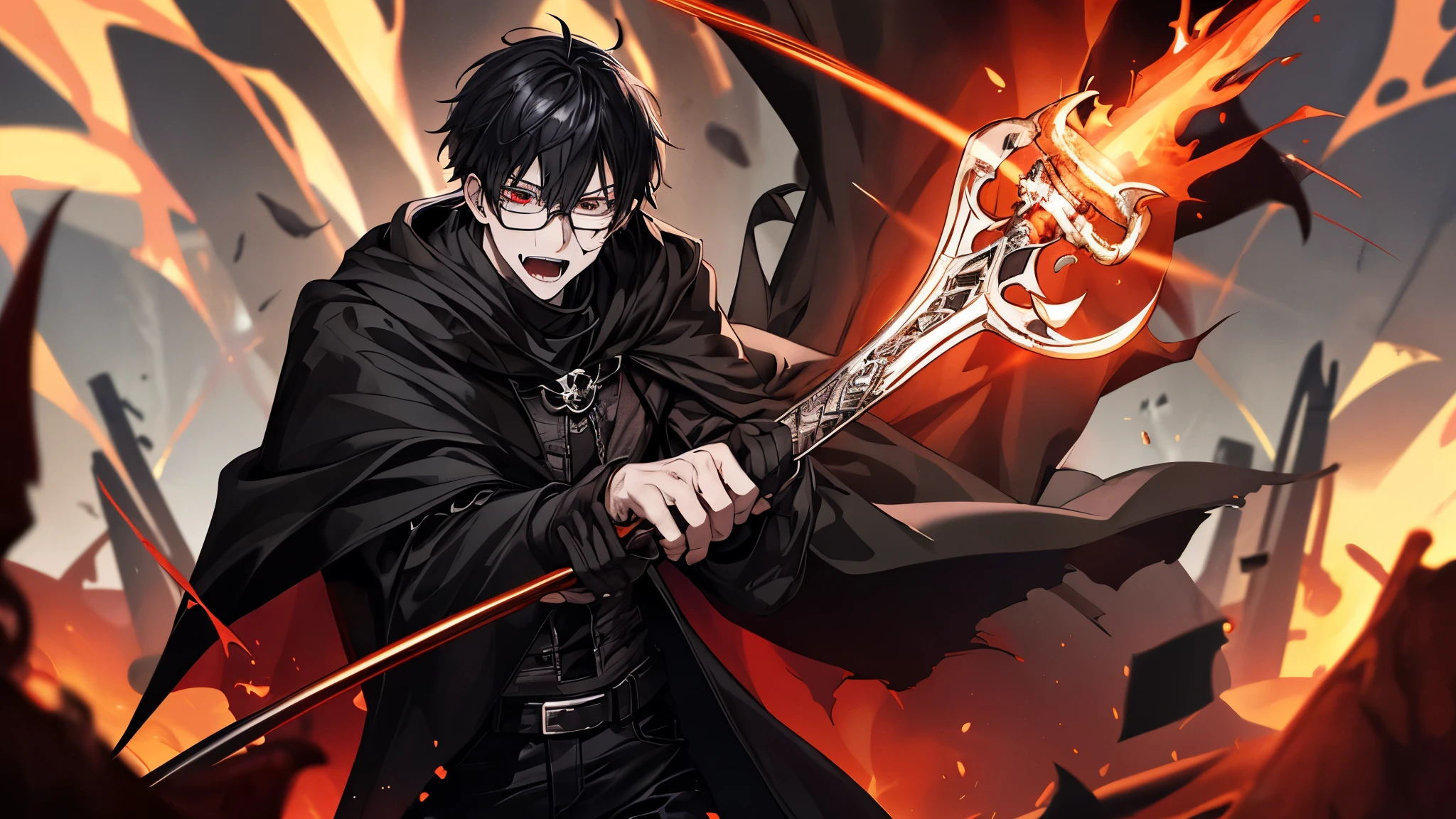 1 guy, black jeans, in a black cloak, press, Thin, pale, rings on fingers, black nails, Glasses, black hair, sporty, Glass eyes, cinematic lighting, Blur background, Best quality, Brown eyes, Laugh, In Hell, Darkness, People are on fire, Dead, chains, Blood, lava, skulls, Darkness, horns, devil, daemon, horror, anger, screams, axe, standing at the gates of hell,