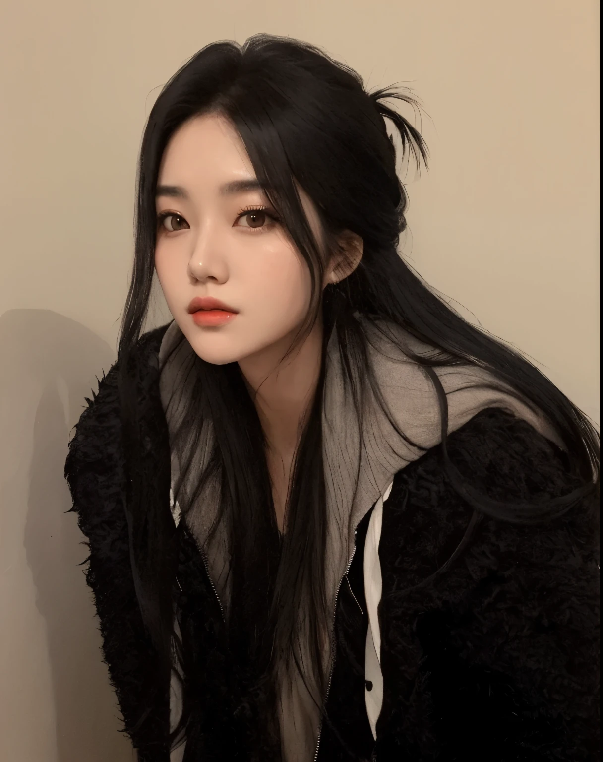 Asian woman araffed with long black hair and a black jacket, Jinyoung Canela, wan adorable korean face,  coreana, Heonhwa Choe, Mulher sul-coreana bonita, Ela tem cabelo preto com franja, Ulzzang, young adorable korean face, Jaeyeon Nam, Hwang SE - EM, linda mulher coreana jovem, Lee Ji-eun, mulher coreana jovem bonita