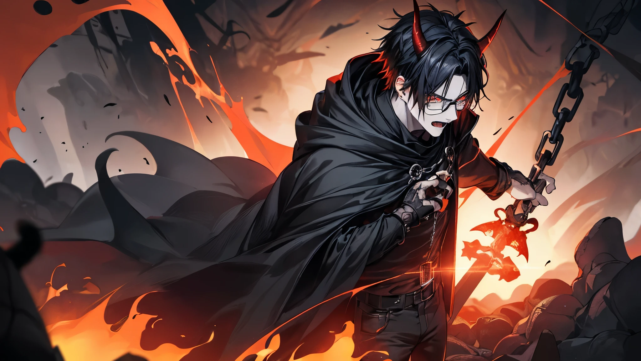 1 guy, black jeans, in a black cloak, press, Thin, pale, rings on fingers, black nails, Glasses, black hair, sporty, Glass eyes, cinematic lighting, Blur background, Best quality, Brown eyes, Laugh, In Hell, Darkness, People are on fire, Dead, chains, Blood, lava, skulls, Darkness, horns, devil, daemon, horror, anger, screams, axe, standing at the gates of hell,