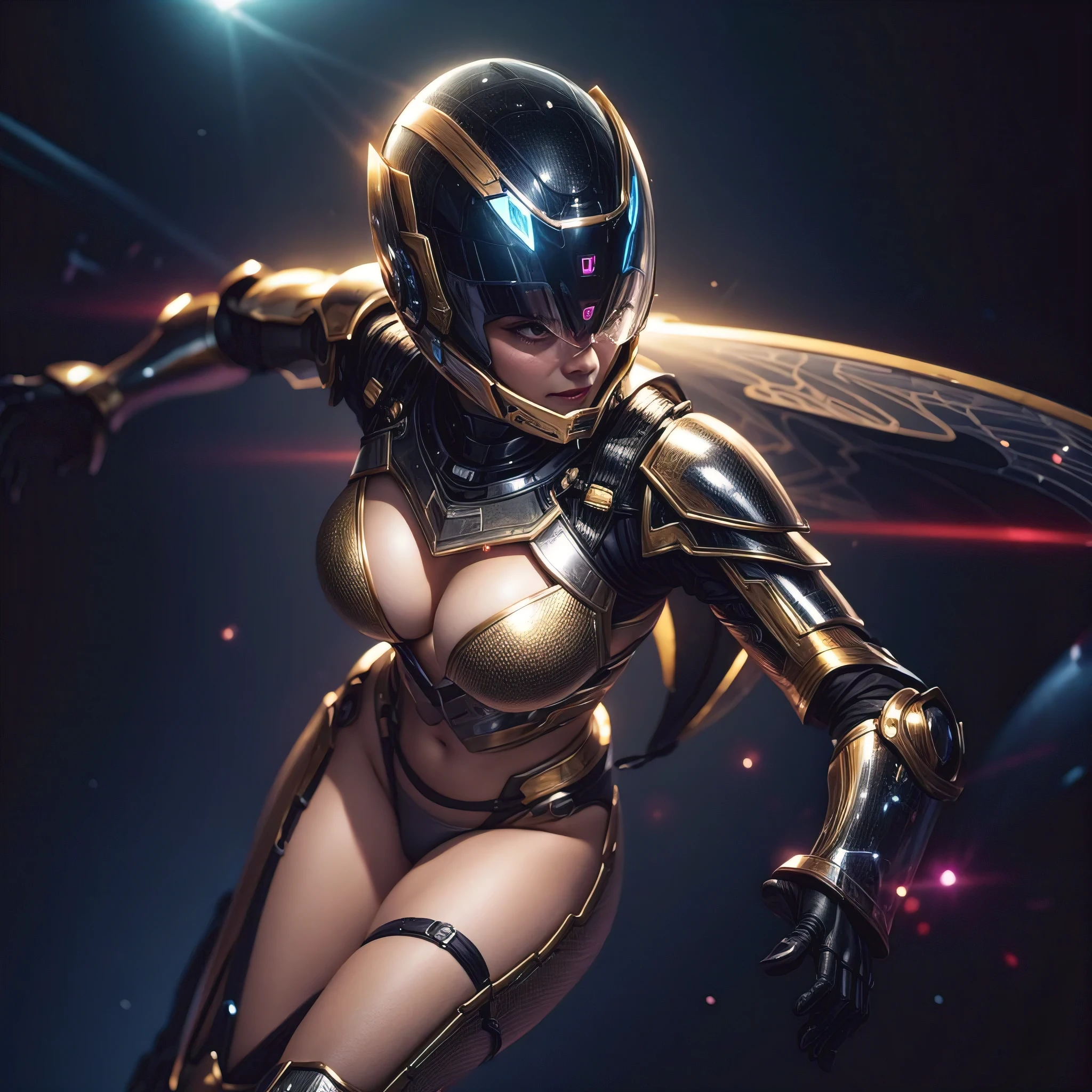 a woman is an advanced bee-like armor, flying near a futuristic beehive, femme fatale, volumetric lighting, (transparent armor:1.3), nude, breasts, nipples, pubic hair