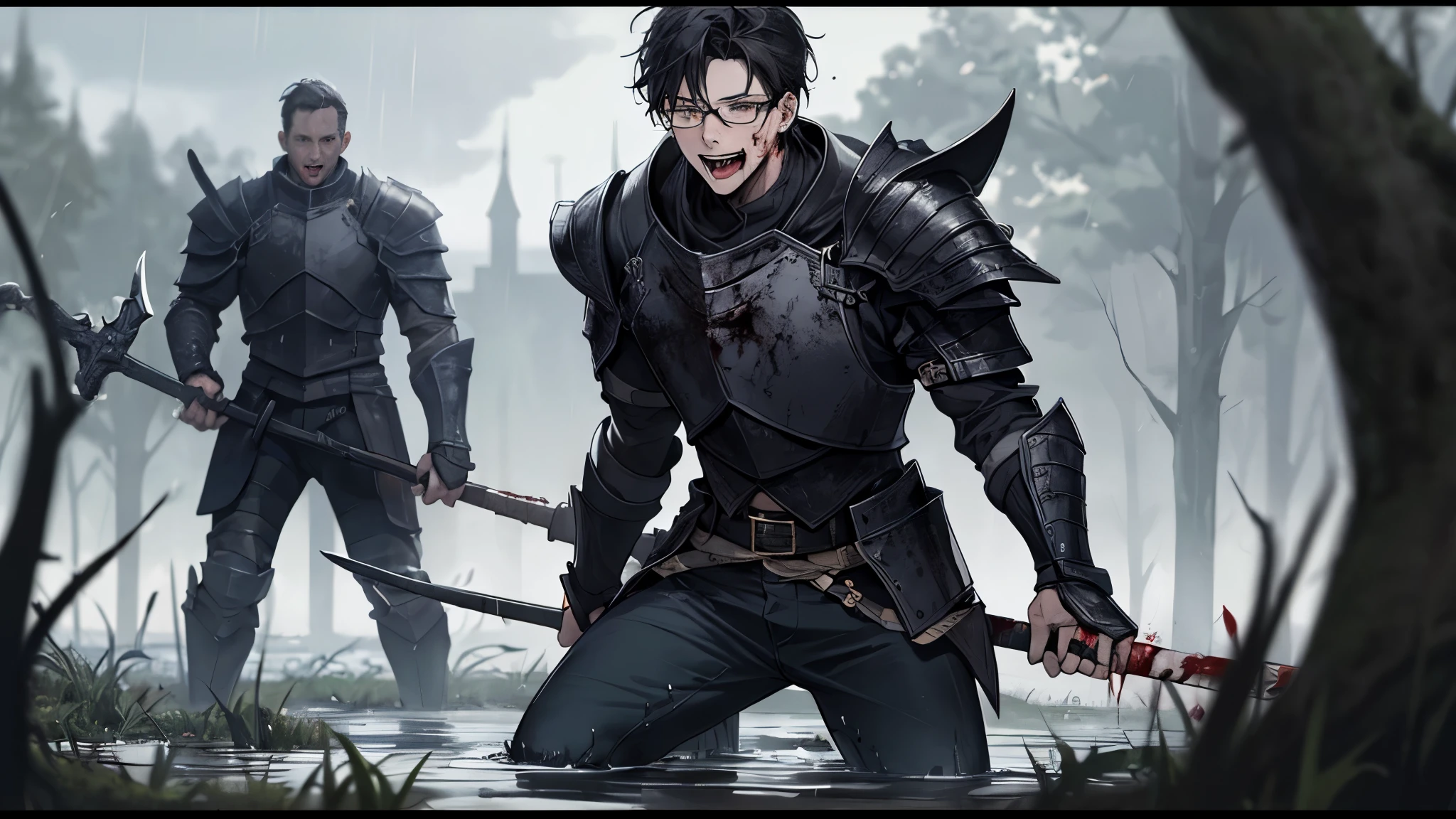 1 guy, black jeans, in black armor, press, Thin, pale, rings on fingers, black nails, Glasses, black hair, sporty, Glass eyes, cinematic lighting, Blur background, Best quality, Brown eyes, Laugh, On the battlefield, swamp, Blood, axe, dead, Weapon, dead tree, water, screams, Blood, rain, dark sky with clouds, Wet,