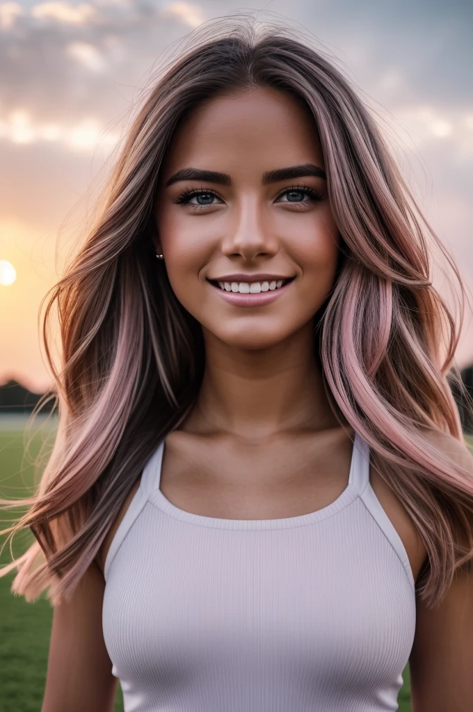 Hyper realistic and detailed full body photo of one young smiling beautiful a woman standing in the middle of an athletic field. Pink Cloudy Sunset. Sharp light. perfect eyes, (Eye makeup:1.1), (highly detailed skin:1.1), RAW, analog style, sharp focus, 8k UHD, DSLR, high quality, Fujifilm XT3, grain, award winning, masterpiece.