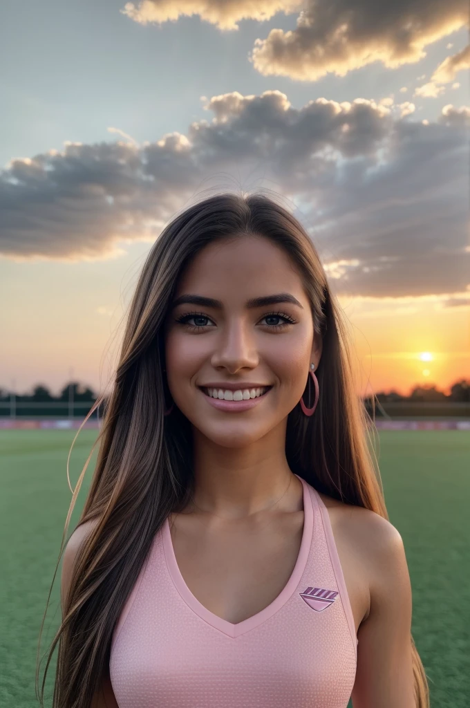 Hyper realistic and detailed full body photo of one young smiling beautiful a woman standing in the middle of an athletic field. Pink Cloudy Sunset. Sharp light. perfect eyes, (Eye makeup:1.1), (highly detailed skin:1.1), RAW, analog style, sharp focus, 8k UHD, DSLR, high quality, Fujifilm XT3, grain, award winning, masterpiece.