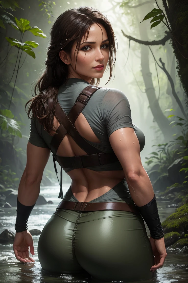 Rear worms eye view. Lara Croft standing waist-high in a river in the jungle at night. Wet body. Wet clothes. Wet see-through grey shirt. She is soaking wet. Wet hair. Beautiful face. Perfect anatomy. Arms by her side. Wearing skin tight Khaki trousers. Enigmatic smile.