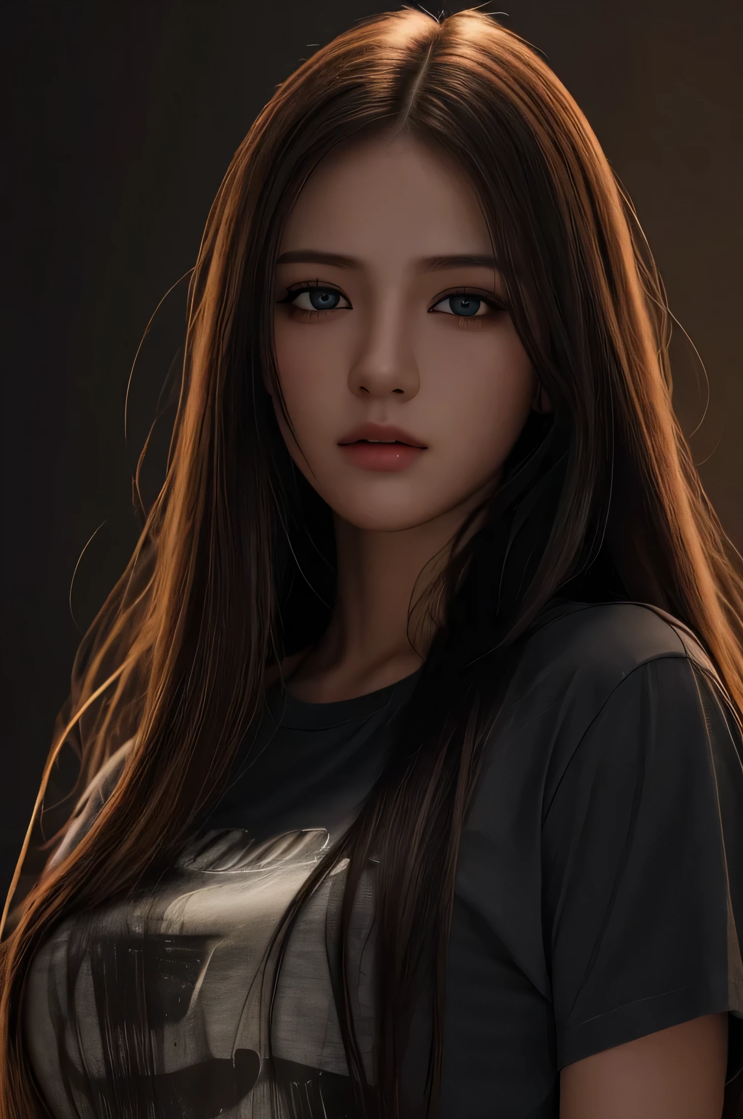 highest quality, masterpiece, ultra high resolution, (realistic:1.37), RAW photo, 1 girl, long hair, beautiful eyes, beautiful face, detailed eyes and face, T-shirt, dynamic lighting, in the dark, deep shadow, private key, cowboy shot