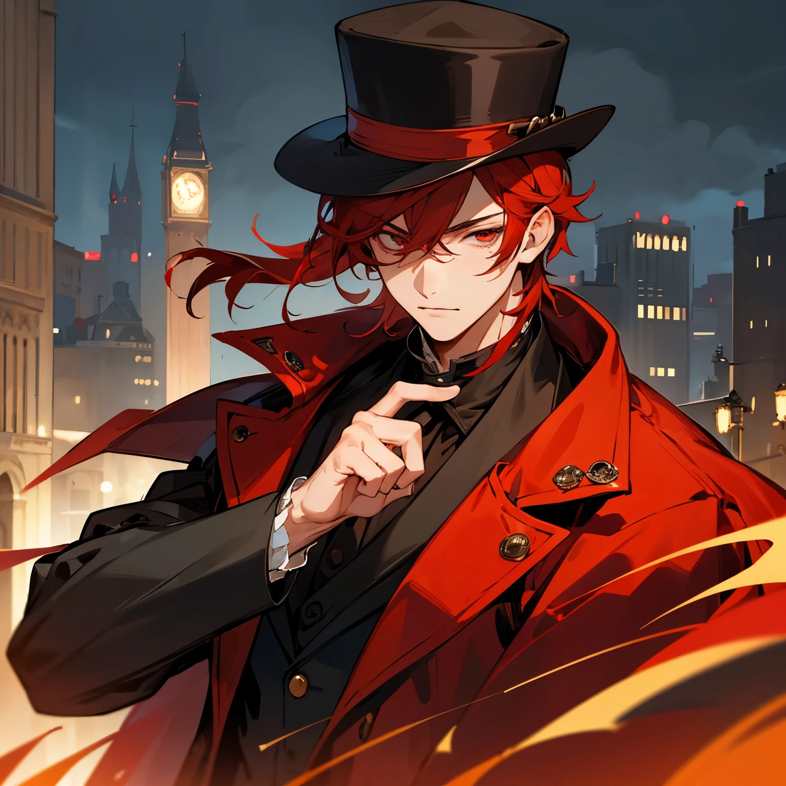 1boy, detailed face, detailed eyes, red hair, medium hair, red eyes, hair over ears, muscular male, coat, hat, victorian clothes, outdoors, night, city