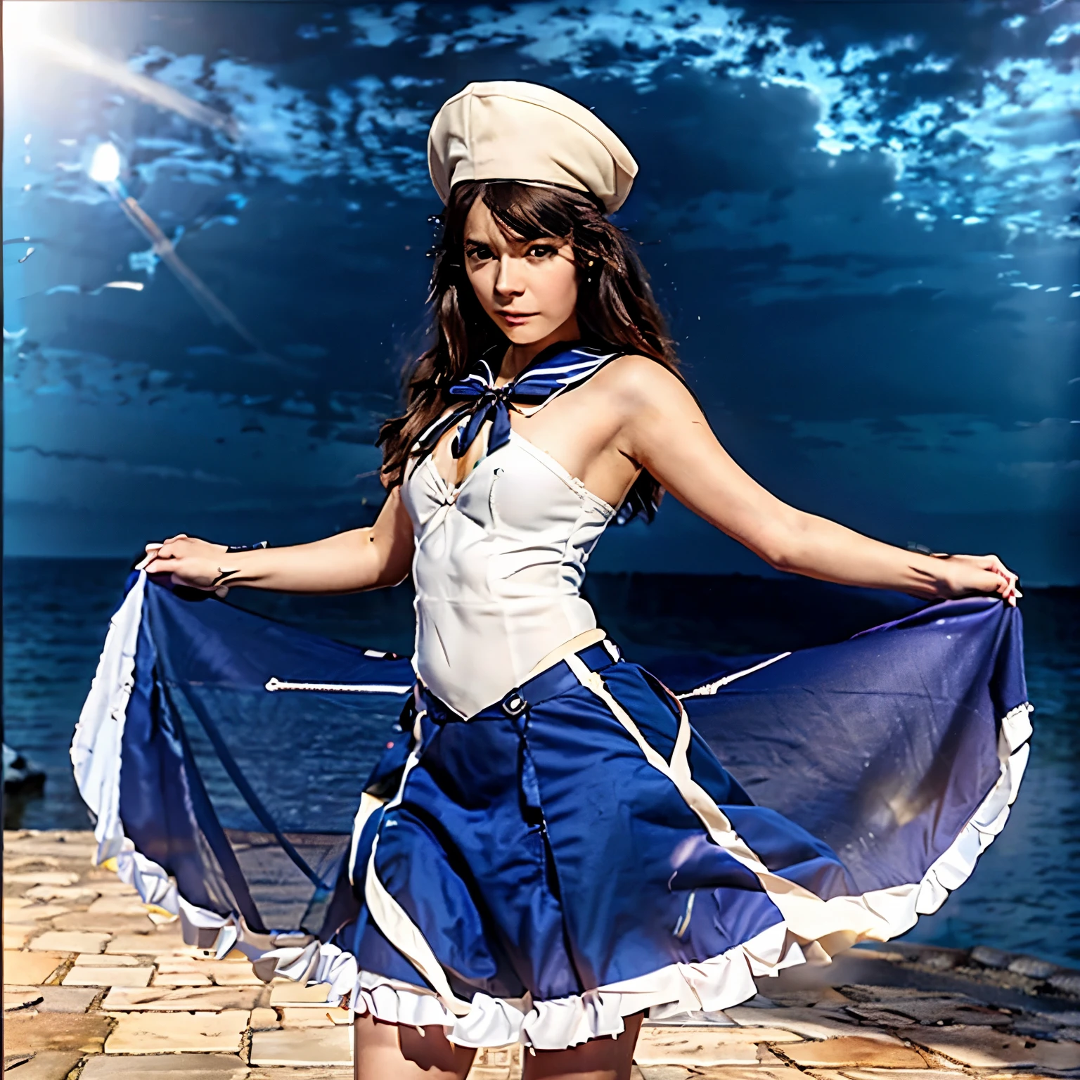 Nico, blue hair, light blue eyes, (best quality, ultra-detailed), (realistic:1.37), beautiful and detailed face, ultra-realistic texture, delicate face, delicate body, red lipstick, bright colors. High definition, 8K, well defined legs