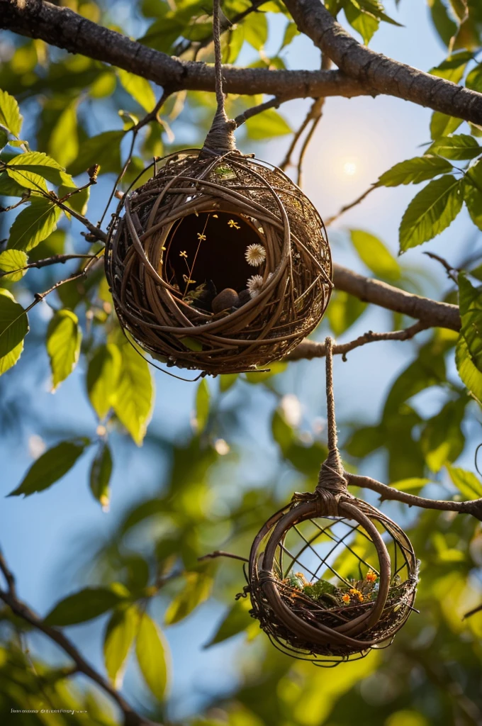 A bird's nest in a tree, detailed feathers, delicate twigs, warm and cozy atmosphere, intricate weaving patterns, vibrant colors, nature's masterpiece:1.2, realistic lighting, highres rendering, bokeh, HDR, fine art photography