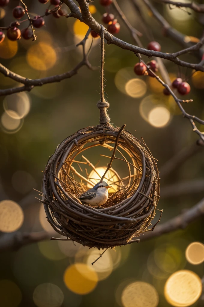 A bird's nest in a tree, detailed feathers, delicate twigs, warm and cozy atmosphere, intricate weaving patterns, vibrant colors, nature's masterpiece:1.2, realistic lighting, highres rendering, bokeh, HDR, fine art photography