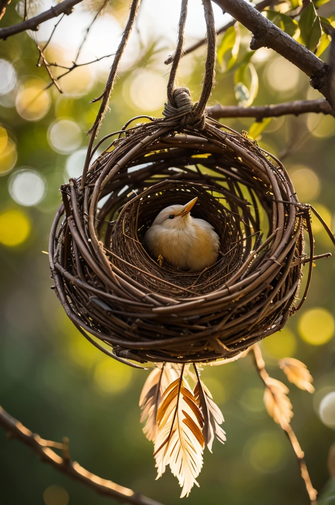 A bird's nest in a tree, detailed feathers, delicate twigs, warm and cozy atmosphere, intricate weaving patterns, vibrant colors, nature's masterpiece:1.2, realistic lighting, highres rendering, bokeh, HDR, fine art photography
