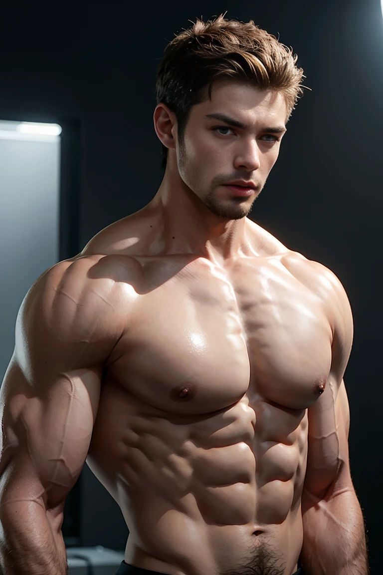 Muscular dude,8K Ultra HD resolution,short hair,short hair,Fashionable and avant-garde hair style,buzz clip,The chest muscles are full,abdominal muscles,rough real skin,naked,Sexy and charming expression,blue eyes,melancholy eyes background cathedral