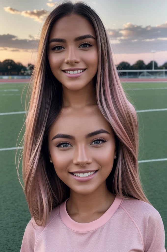 Hyper realistic and detailed full body photo of one young smiling beautiful a woman standing in the middle of an athletic field. Pink Cloudy Sunset. Sharp light. perfect eyes, (Eye makeup:1.1), (highly detailed skin:1.1), RAW, analog style, sharp focus, 8k UHD, DSLR, high quality, Fujifilm XT3, grain, award winning, masterpiece.