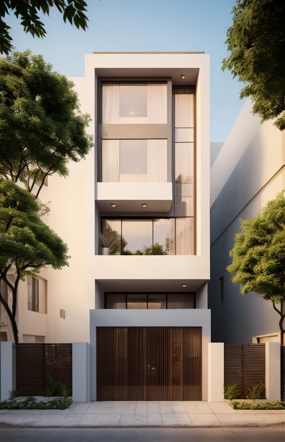 Realistic images, extremely detailed, a modern full white house, steel railling, 4 panel steel gate,1 road in font of house, large yard made by ceramic, (1 car), brick fence, lawn, a few small flowers, a road in front of the house, main materials of the house are white walls and red brick, Modern design, clear blue sky, sunrise light, light from inside, dynamic light,shimering light, cinematic light, romantic feeling, (((day light, warm light)))