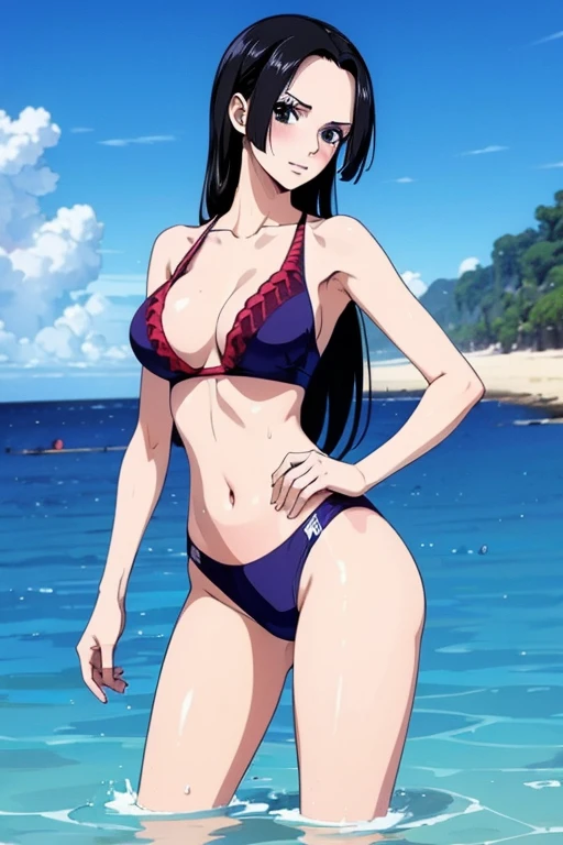 best quality, masterpiece, highly detailed,1girl, (detail light), Boa Hancock,, (masterpiece:1.5), Detailed Photo, Smiling,(8K, Photorealistic, Best Quality: 1.4), (1girl), Beautiful Face, (anime realistic Face), (Black Hair, long Hair: 1.3), Beautiful Hairstyle, Realistic eyes, beautiful detail eyes, (realistic skin), beautiful skin, absurd, attractive, ultra high resolution, ultra realistic, high definition, beach background, large breasts, red bikini