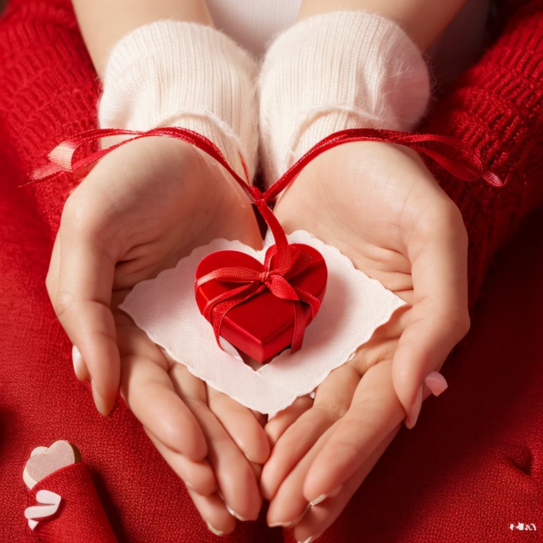 Heart-shaped present、Give a gift、Valentine、Warm atmosphere、close up of hand only、With ribbon、high quality、8K、red present、High resolution