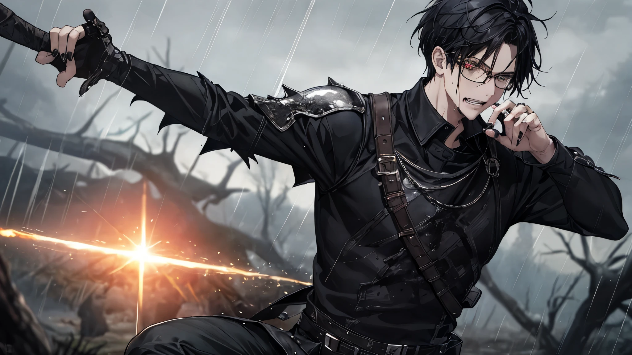1 guy, black jeans, in black armor, press, Thin, pale, rings on fingers, black nails, Glasses, black hair, sporty, Glass eyes, cinematic lighting, Blur background, Best quality, Brown eyes, Laugh, On the battlefield, swamp, Blood, axe, dead, Weapon, dead tree, water, screams, Blood, rain, dark sky with clouds, Wet,