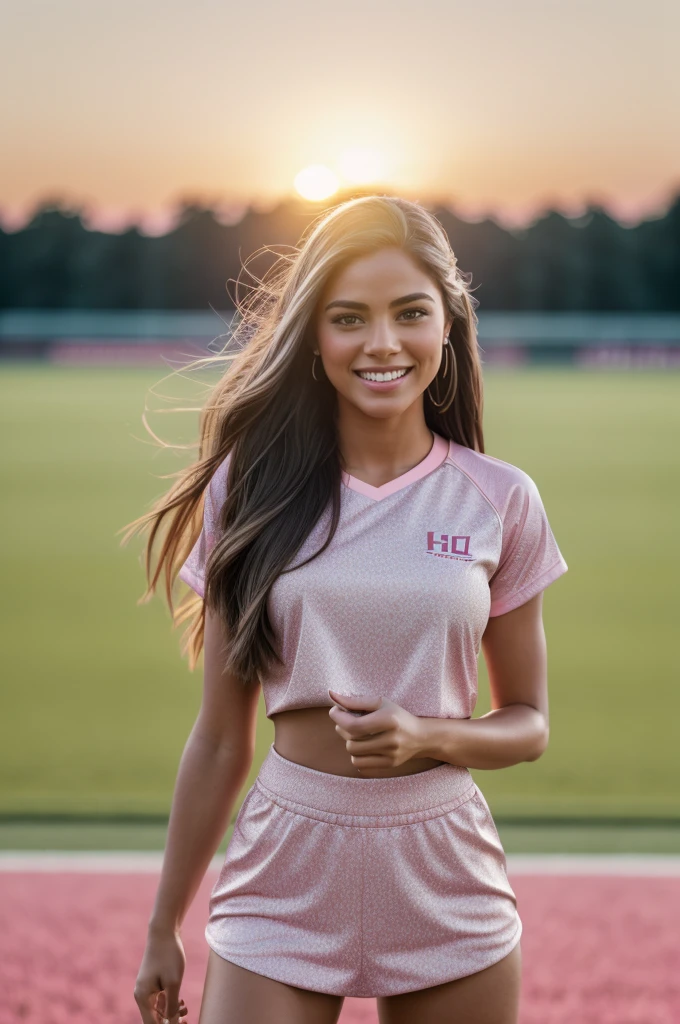 Hyper realistic and detailed full body photo of one young smiling beautiful a woman standing in the middle of an athletic field. Pink Cloudy Sunset. Sharp light. perfect eyes, (Eye makeup:1.1), (highly detailed skin:1.1), RAW, analog style, sharp focus, 8k UHD, DSLR, high quality, Fujifilm XT3, grain, award winning, masterpiece.