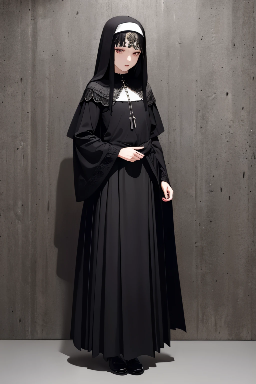 (best quality, highres,masterpiece:1.2), ultra-detailed, professional, girl, (((full body shot))), ((((long skirt)))), ((((Flat chest))))), ((((Flat chest))))), ((((Flat chest))))), Black Gothic Nun Dress, Athletic Body, detailed eyes,detailed lips, long black hair, neutral expression, black hooded clothes,full body cloak, gothic, portrait, stark lighting, rich colors, soft shadows, haunting ambiance.