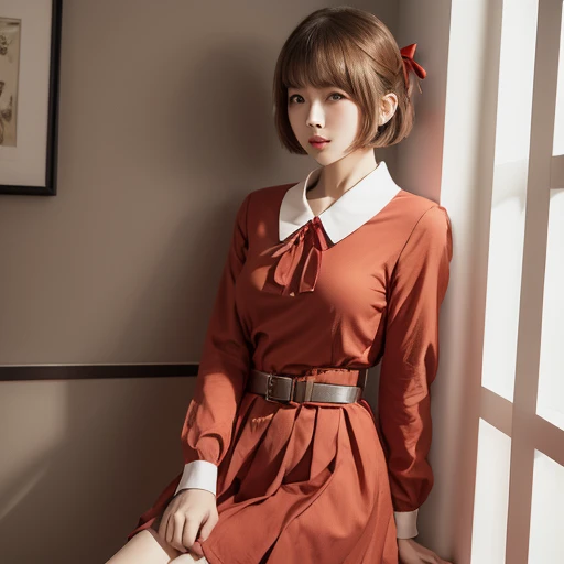 Chisato Nishikiki, Short hair, Bangs, Blonde hair, (Red Eyes:1.5), Hair Ribbon, One side up, bob cuts, Perfect body, Shirt, Long sleeves, Dress, bow ribbon, White shirt, Collared shirt, Belt bag, Neck ribbon, Red dress, Blue Ribbon, pleated dress, grey dress, two-tone dress, Red Belt, Nazi Army Uniform,