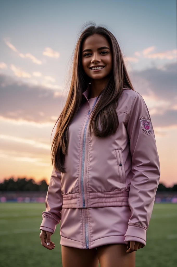 Hyper realistic and detailed full body photo of one young smiling beautiful a woman standing in the middle of an athletic field. Pink Cloudy Sunset. Sharp light. perfect eyes, (Eye makeup:1.1), (highly detailed skin:1.1), RAW, analog style, sharp focus, 8k UHD, DSLR, high quality, Fujifilm XT3, grain, award winning, masterpiece.
