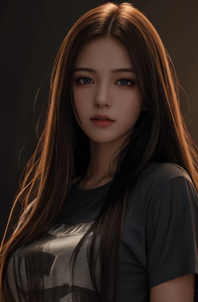 highest quality, masterpiece, ultra high resolution, (realistic:1.37), RAW photo, 1 girl, long hair, beautiful eyes, beautiful face, detailed eyes and face, T-shirt, dynamic lighting, in the dark, deep shadow, private key, cowboy shot