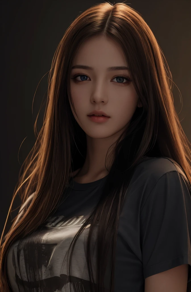 highest quality, masterpiece, ultra high resolution, (realistic:1.37), RAW photo, 1 girl, long hair, beautiful eyes,  beautiful face, detailed eyes and face, T-shirt, dynamic lighting, in the dark, deep shadow, private key, cowboy shot