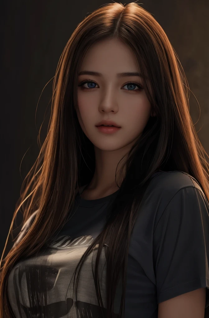 highest quality, masterpiece, ultra high resolution, (realistic:1.37), RAW photo, 1 girl, long hair, beautiful eyes, beautiful face, detailed eyes and face, T-shirt, dynamic lighting, in the dark, deep shadow, private key, cowboy shot