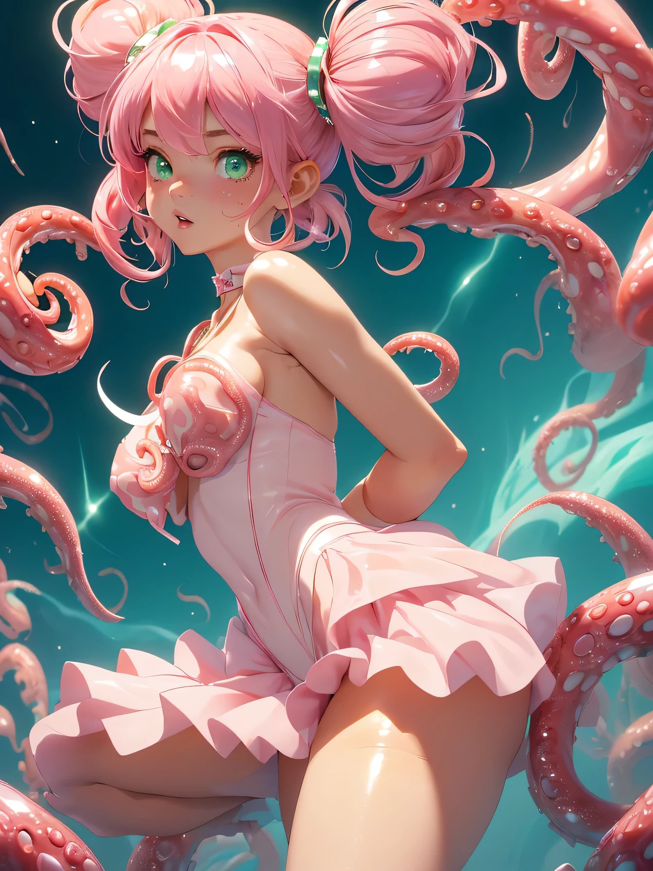 nsfw:1.1, high resolution:1.7, incredibly absurdres, kawaii:1, cute:1.5, hires.fix, anime visual:1, incredibly fine illustration,8k,masterpiece:1.2,best quality, high quality, exquisite, beautiful, insanely detailed, intricate detailed, extremely detailed, Super Definition, ultra high res, Super Resolution, best aesthetic, ultra detailed:1.5, best quality, perfect face, detailed face, masterpiece:1.2, illustration:1.2, 8k cg wallpaper, stunning art,absurdres,octane render,ultra hires, 
Japanese Actress,(Idol),18yo,Beautiful,(Cute and lovely),cute girl,((anime elf with extremely cute and beautiful pink hair)),((((pink hair:1.35,colored inner hair,ear breathing)))),(((green_eyes:1.3))),intricate eyes,beautiful detailed eyes,symmetrical eyes,big eyes:1.5,enchanting bright eyes studded with gold and silver dust,(((pinky skin,glowing_skin,lustrous skin:1.5,bright skin: 1.5,skin tanned,shiny skin,very shiny skin,shiny body,plastic glitter skin,exaggerated shiny skin,illuminated skin))),upward breasts,waist slender,(detailed body,(detailed face)),cute,daring,zettai ryouiki,show skin,best relationship with four fingers and one thumb,Very Fine Face and Eyes,Very Fine Hair,(Perfect Anatomy),((girl trembling with sexual climax)),Garter Belt,Bare shoulders,((Check out our thru-rack chokers and midi rings with chains,(a girl),(pink medium hair), disheveled hair, short hair, twintail, two side up hair, sky blue ribbon trim, shiny hair, shiny skin, cute face,(orgasm face, O-face), blush cheeks, arched back, (ager magical girl), pink frill skirt, white leotard, pink insert, ribbon, (white elbow groves), white legwear, full body, (asphalt), (tentacles:1.2), (tentacles in vaginal)