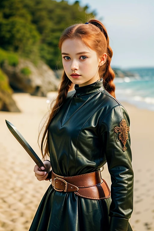 Full body photo of a girl with a sword in her hand、norwegian girl、beautiful girl、Gabriella Holsten、Redhead ponytail、dusty face、Medieval dress、Dressed in leather clothes、girl on the sandy beach background、Wind、全身のphotorealism、intense focus、realな顔の肌、heavy atmosphere、erotic face、beautiful girl with a copper sword、Beautiful 13 year old quality、High definition、real、photorealism、16k、4k、cinematic、