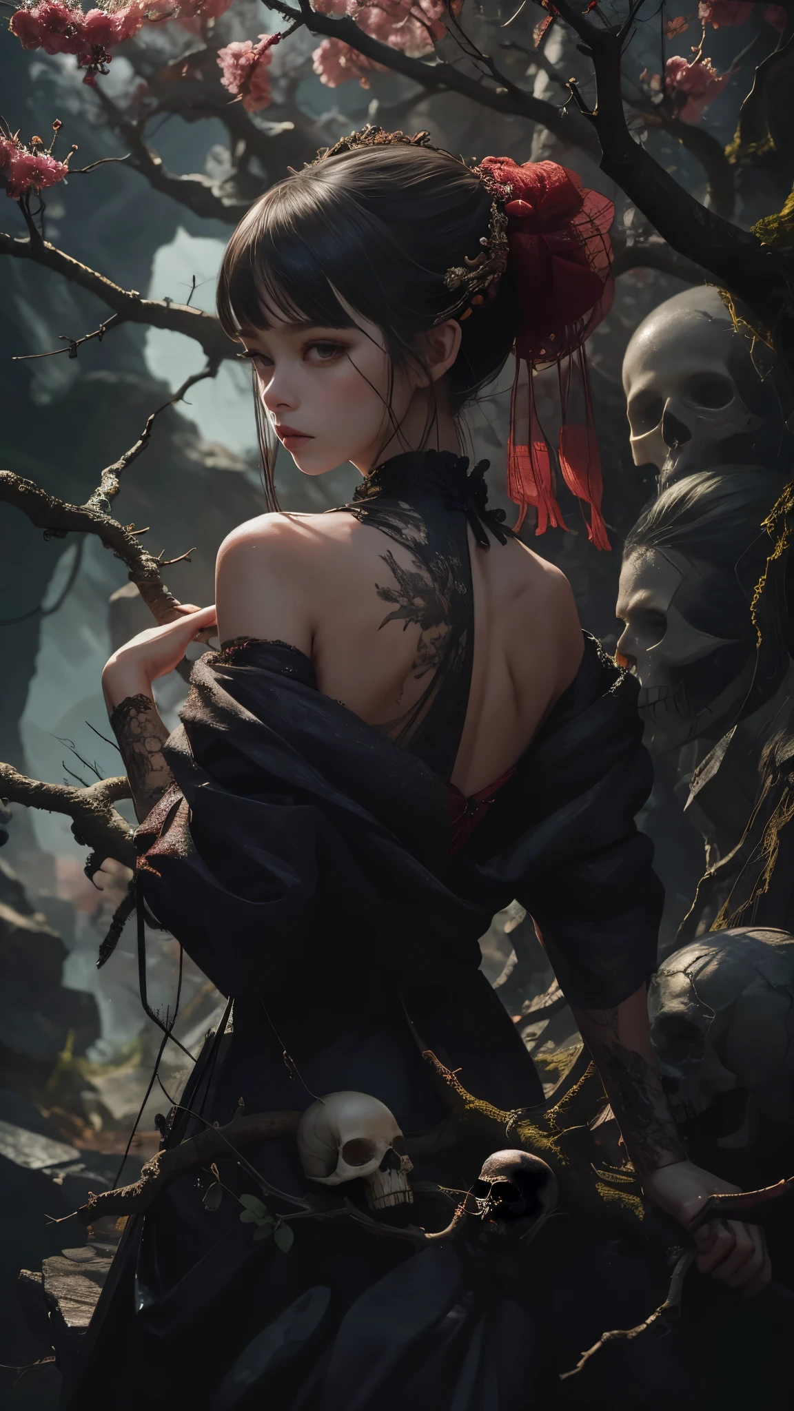 1girl,solo,UPPER body,many skulls,tree,branch,outdoors,china dress,night,masterpiece,best quality,ultra-detailed,