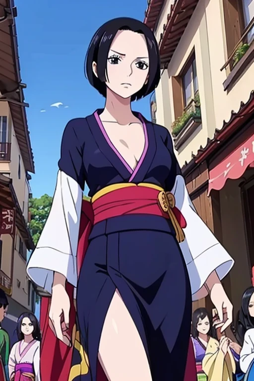 (Highest quality, 16k, Masterpiece: 1.3)), 1 girl, Sharp focus: 1.2, Beautiful woman with a perfect figure: 1.4, Slender stomach: 1.2, (((short bob hair)), ((small: 1.4)), ((beautiful face idol: 1.3)), (Clear cloth kimono 1.5)), Highly detailed facial and skin textures, Detailed eyes, Double eyelids, (((pause)), (charming)), walking place, paris city scenery, Low Angle, Shot from the bottom.