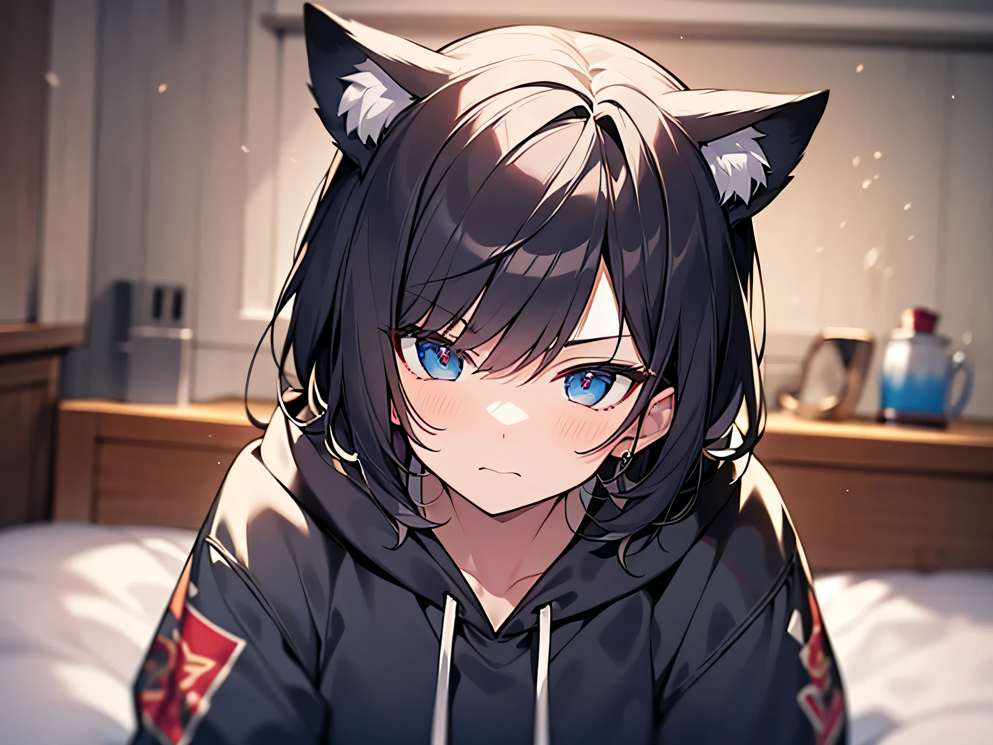 man,25 age,solo,Short black hair 1.5，cat ear hoodie,hoodie,Sitting on the edge of the bed in the room with an angry expression（Indo blackened 1.5）（The background is in the room in the village：1.5），Anime style 4K，Anime rendering，style of anime，8K fineness，（Upper body display：1.5）（Cinematic lighting：1.5