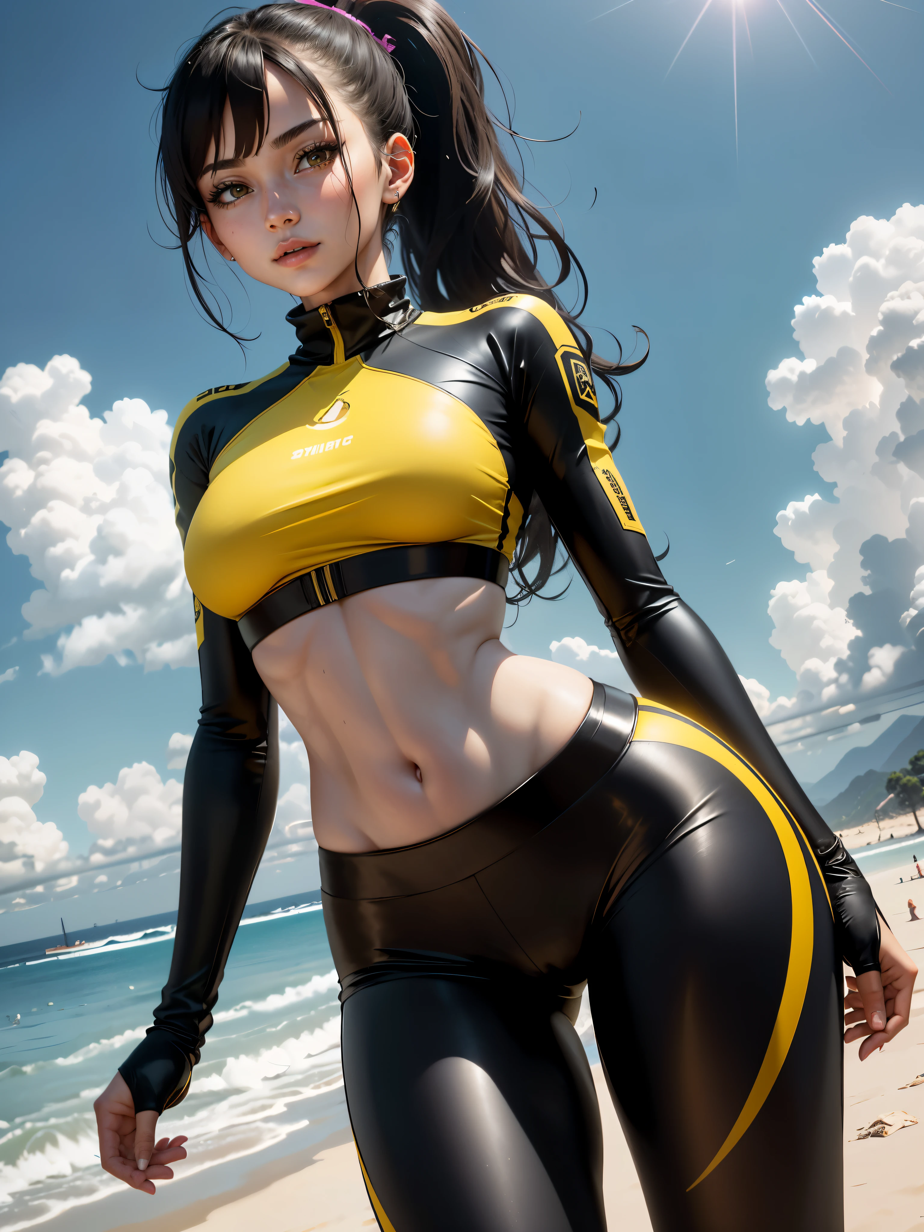 sporty girl,((beautiful girl)),, Highly detailed face, Long hair in a ponytail,,, smooth, glasses, Smile mischievously, small breast, Thin waist, flat abdomen,

((tight sports bra, Tight sports pants, (Yellow and black clothes))),(((Under the breast))),((Wet clothes,Intricate costumes,Intricate clothing)),

(dynamic poses:1.0),Coquette,appearance of security, Committed,(in the middle,scale to fit the dimensions,Third rule),

beach, view:1.25,

anime, height, Sharp focus, (Very detailed, รายVery detailed), unity wallpaper 8k),((Synth Wave Background Theme)),(((bright colors))),(complex background),(Masterpiece),(best quality),