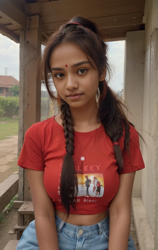 , ((a picture of indian girl)), ((15 years oldhest quality, 8K, masterpiece: 1.3)), concentrated: 1.2, perfect beauty: 1.4, butt: 1.2, ((high up ponytail)), ((high up ponytail hairstyle)), , ((large breasts)), (landscape background), tomboy t-shir, Highly detailed face and skin texture, narrow eyes, double eyelid,, long hair, (shut up: 1.3), smile, Unreal beauty, , indian girl, ((red colour t-shirt)), ((ultra red colour t-shirt)), ((big forehead)), ((16 years old girl))