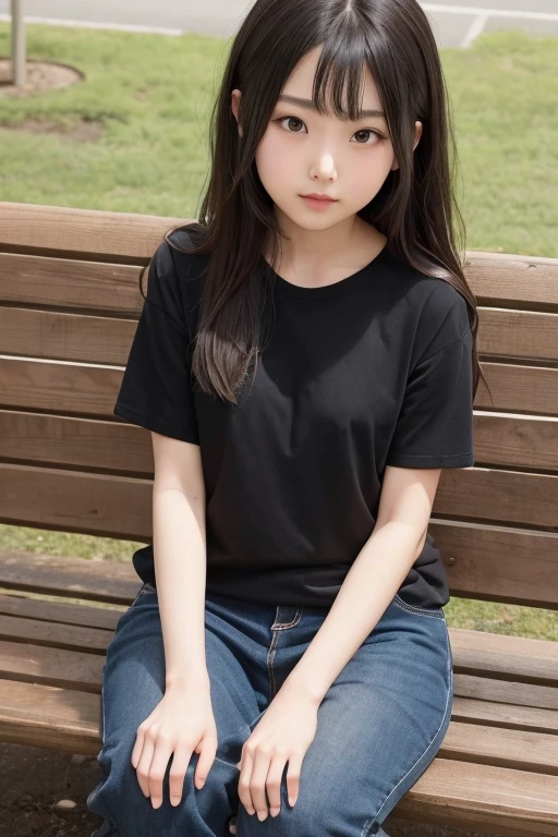 8k,Japanese,9 ,Innocent face,Teenage Girl,cute,Random color plain t-shirt,Casual wear,Sitting,Black Hair,garden,Hair Clip,